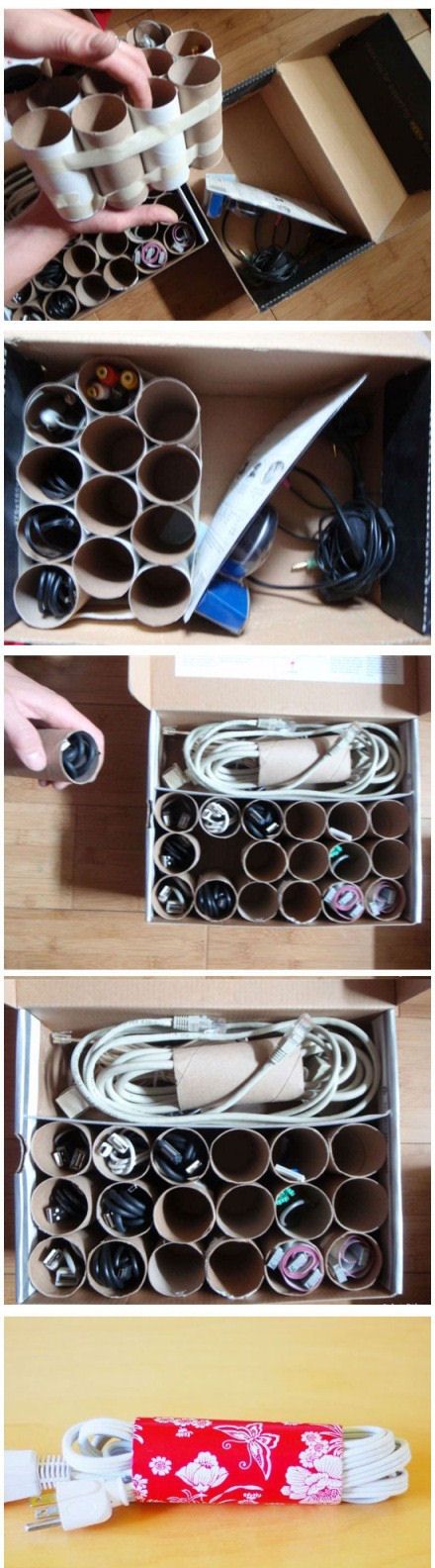 Use Toilet Paper Rolls to Organize Cords and Electronics. 