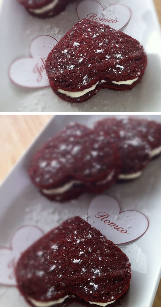 Red Velvet Cake Hearts with Cream Cheese Filling. 