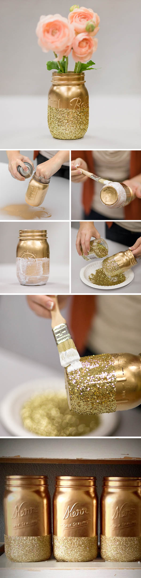 DIY Glitter Gold Mason Jar Vase. 