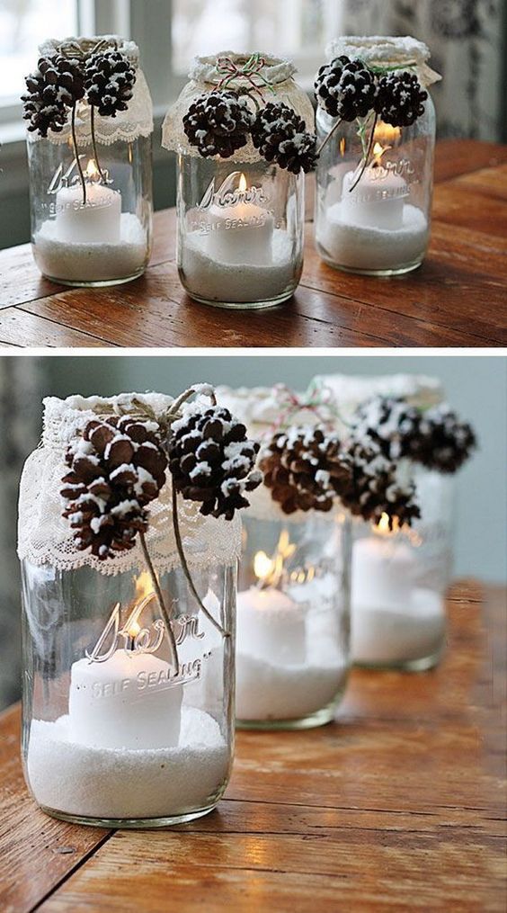 Snowy Pinecone Candle Jars. 