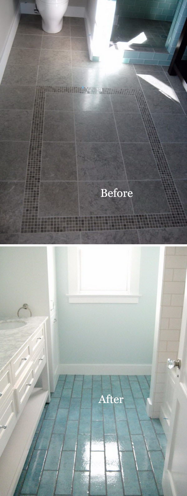 DIY Bathroom Flooring Remodel Using Aqua Blue Tiles. 