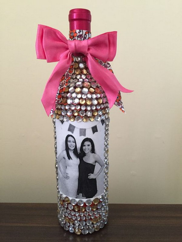Bedazzled Wine Bottle with Photos. 