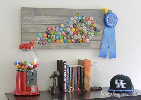 Bottle Cap State Art. What a great and simple idea to add color to our walls and show pride in our state at the same time. Check out the step-by-step tutorials 