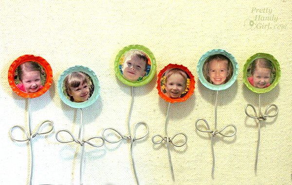 Bottle Cap Flower Magnets. Collect smiling faces of the ones you love to make these adorable and happy flower magnets with bottle caps, armature wire and a little paint. They make great gifts with personal touch. See the tutorial 
