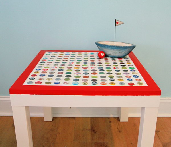 DIY Cheap and Chic Bottle Cap Table. A creative and genius idea to style your LACK table from IKEA using the bottlecaps in different patterns. This DIY is more labor intensive, but it is worth the time and is really a blast to make. Get the full tutorials 