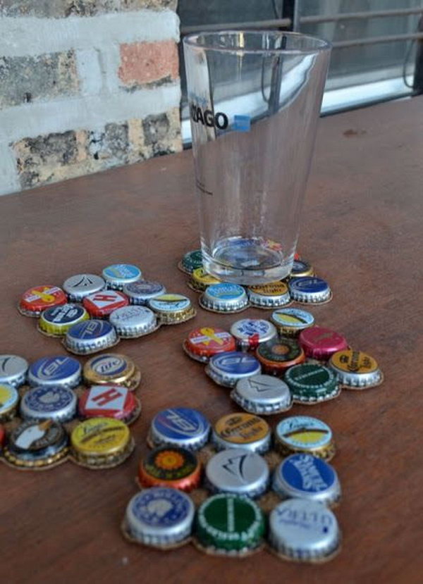 Bottle Cap Coasters. These simple beer bottle top coasters add homemade touch to your table. You can arrange them according to any criteria you want, like color or size. 