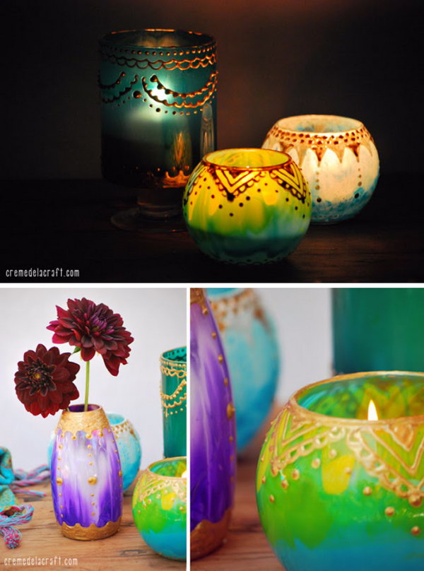 DIY Moroccan Candle Holders From Glass Jars And Paint. 