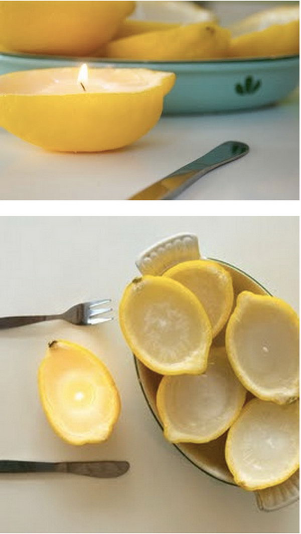 DIY Natural Citrus Fruit Candles . Pratic and smart DIY idea anyone can do in budget. You will surely love that your house is filled with a lovely smell and looks so bright and natural. Tutorial via 