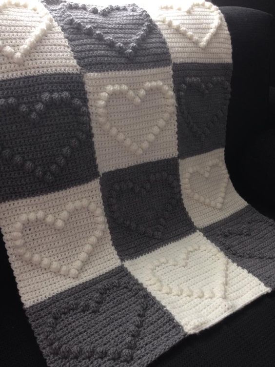 Heart Themed Crochet Bobble Blanket. 
