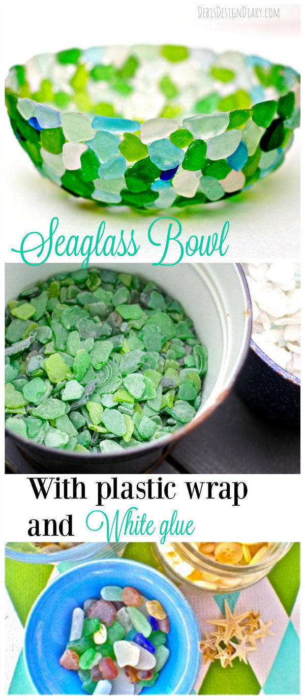DIY Sea Glass Bowl Made out of Plastic Wrap. 
