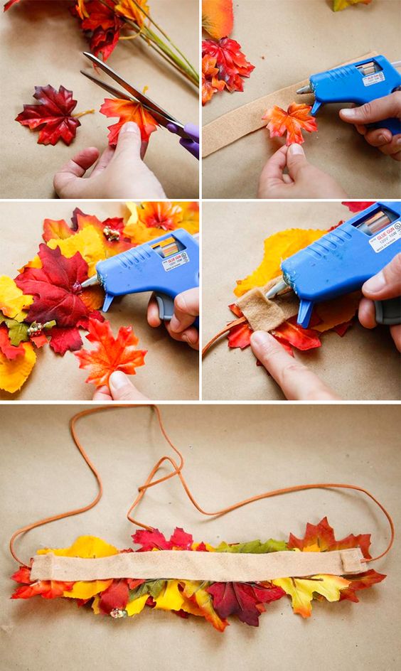 DIY Fall Crown with Leaves and Flowers for Kids and Beauty. 