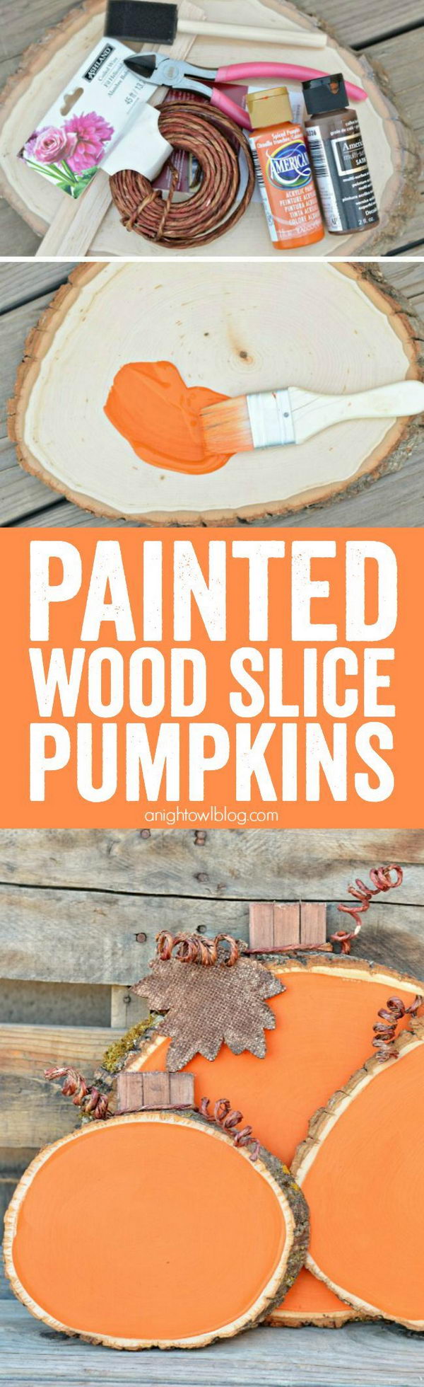 DIY Painted Wood Slice Pumpkins. Make adorable craft wood slice pumpkins from wood and paint!  Tutorial via 