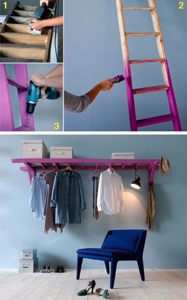 Use a Ladder and 2 Wooden Brackets to Make a Decorative Clothes Rack. 