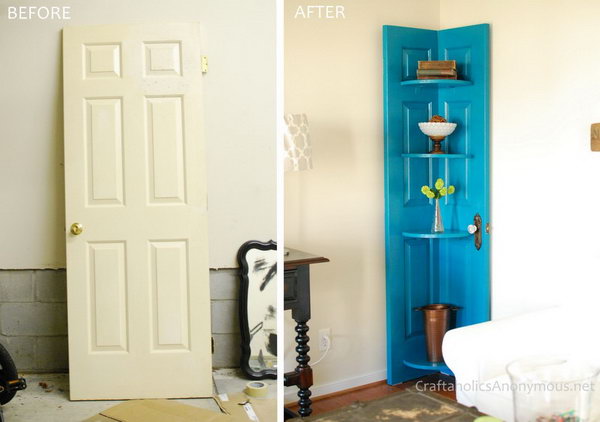 Turn an Old Vintage Door into a Corner Door Shelf. 