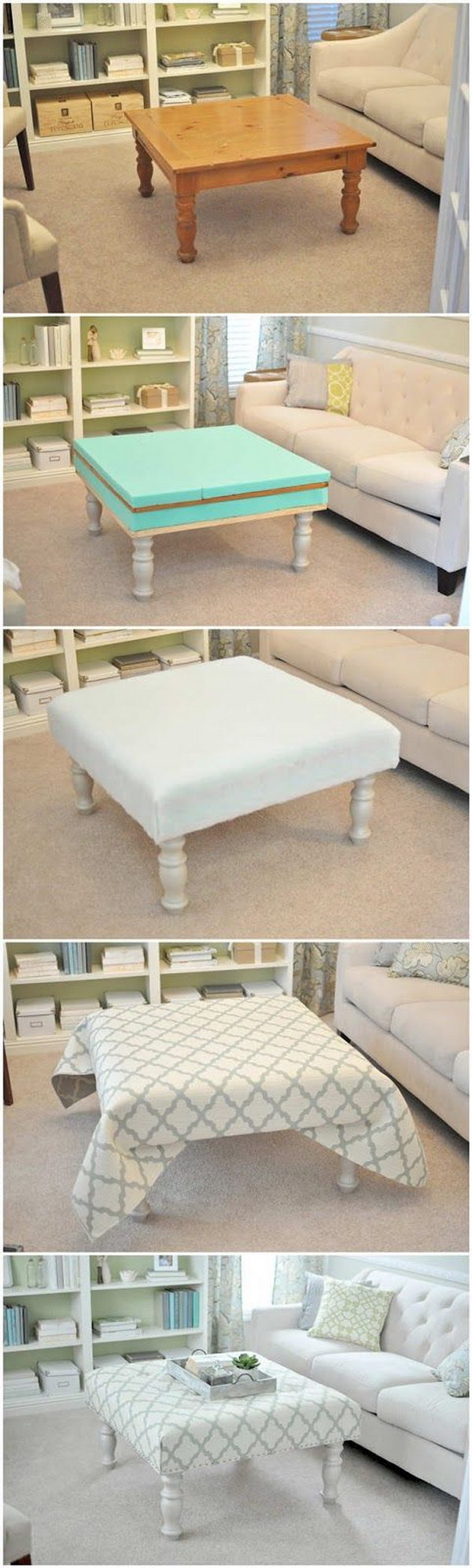 DIY Upholstered Ottoman From Coffee Table. 