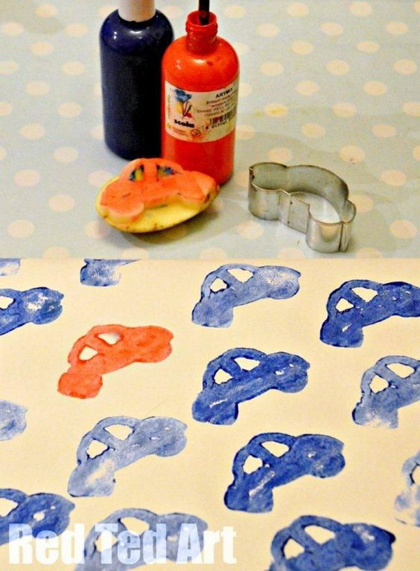 Potato Print Cars for Kids Gift Wrapping. 
