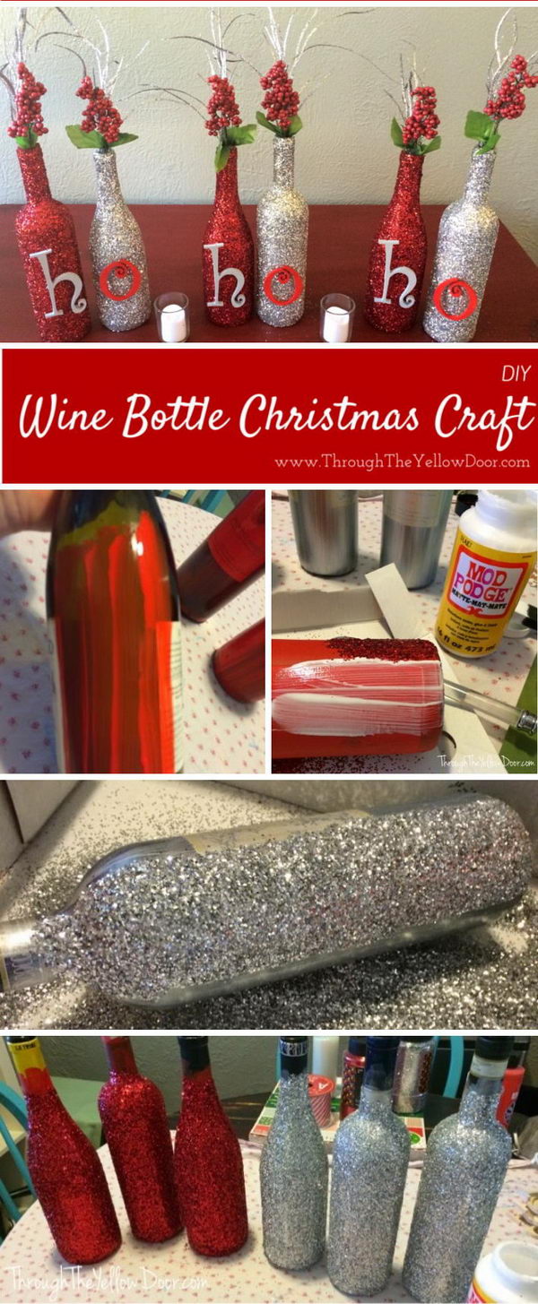 DIY Glitter Christmas Wine Bottles. 