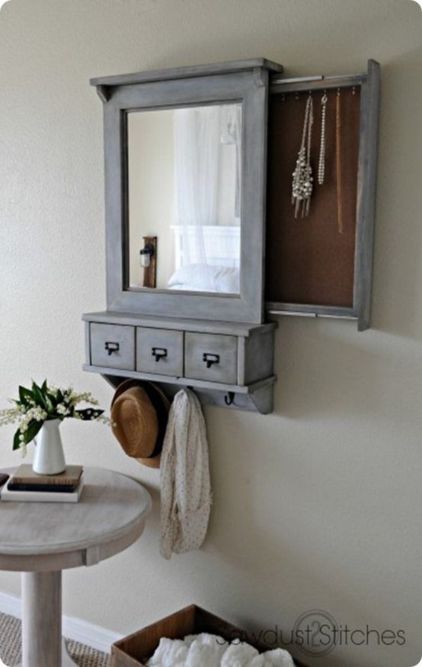 Pottery Barn Inspired Wall Mirror with Hidden Storage for Jewelry, Keys. 