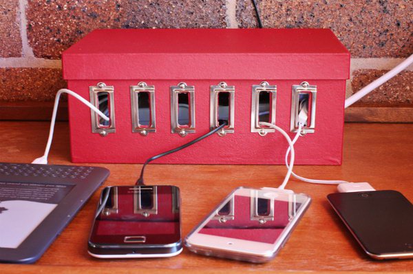 Use an old shoe box to create a recharge station for all of your devices.  Keep tangled cables out of sight. 