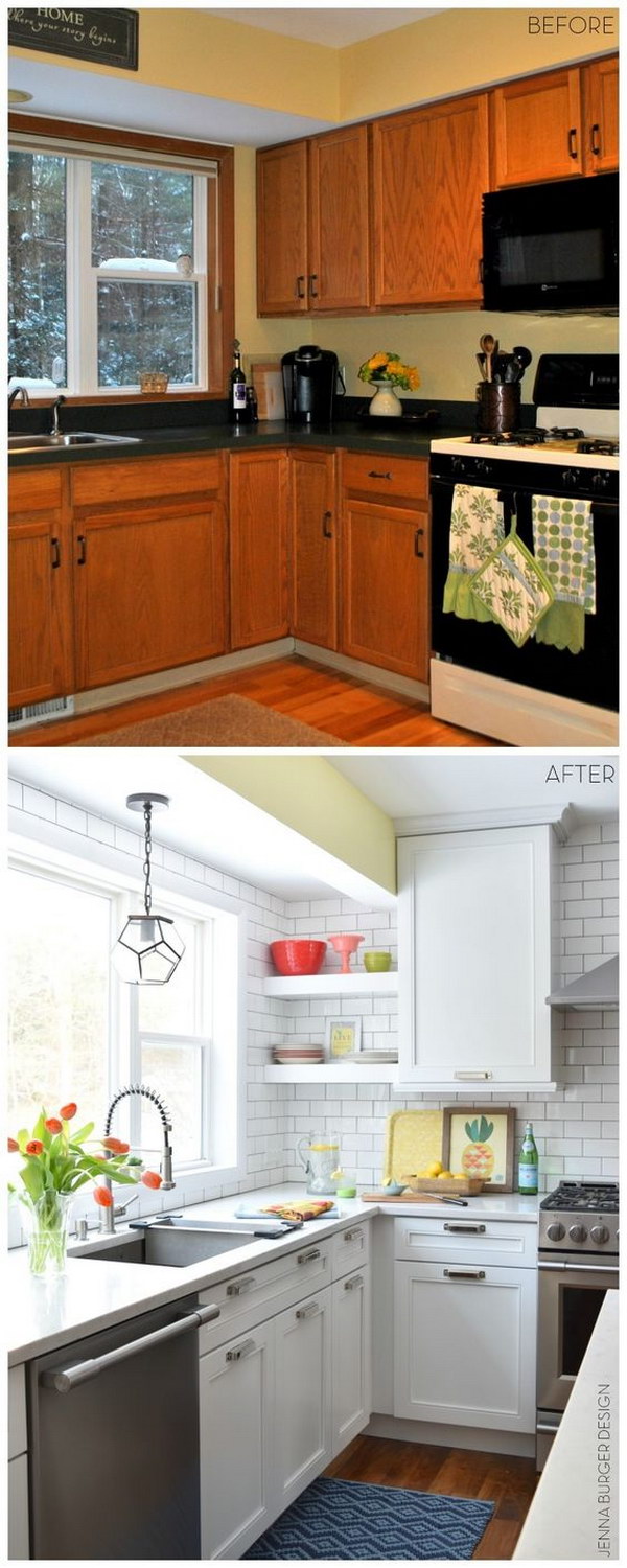 Before and After Kitchen Renovation with White & Gray Cabinets, Open Shelving, Subway Tile Backsplash, Quartz Countertops, And Layers Of Color. 