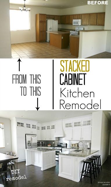 Gorgeous White Kitchen With DIY Stacked Cabinets High Up To The Ceiling. 