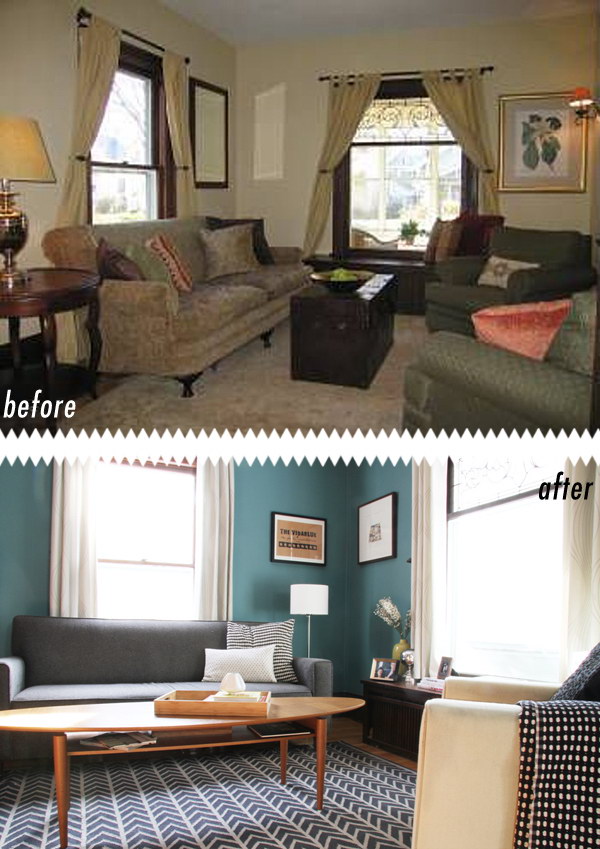 Living Room Makeover From Cigarette Yellow To Teal Blue. 