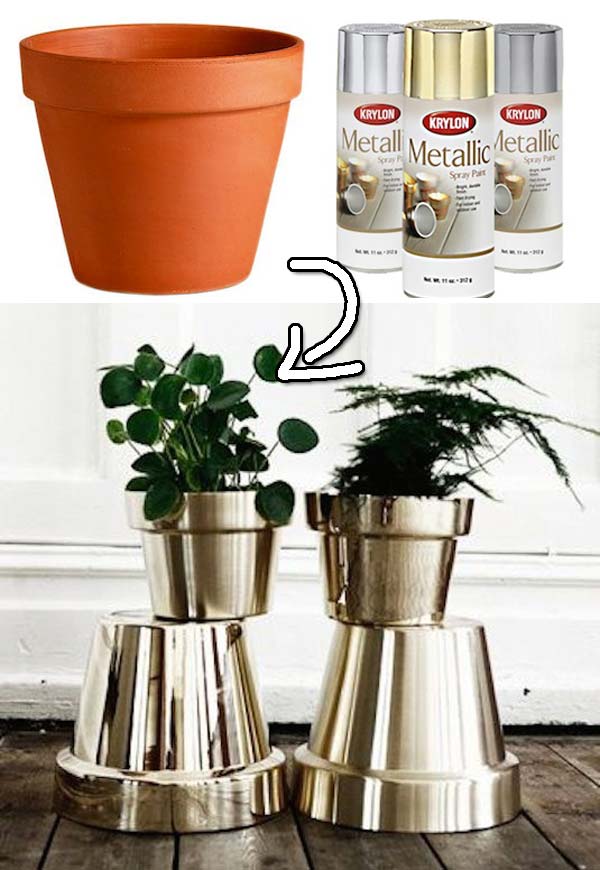 Spray Paint Your Terracotta Pots Metallic Colors to Get an Expensive Look. 