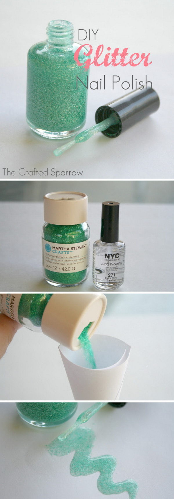 DIY Glitter Nail Polish. Mix a clear nail polish with craft glitter or an eye shadow make your own glitter nail polish! 