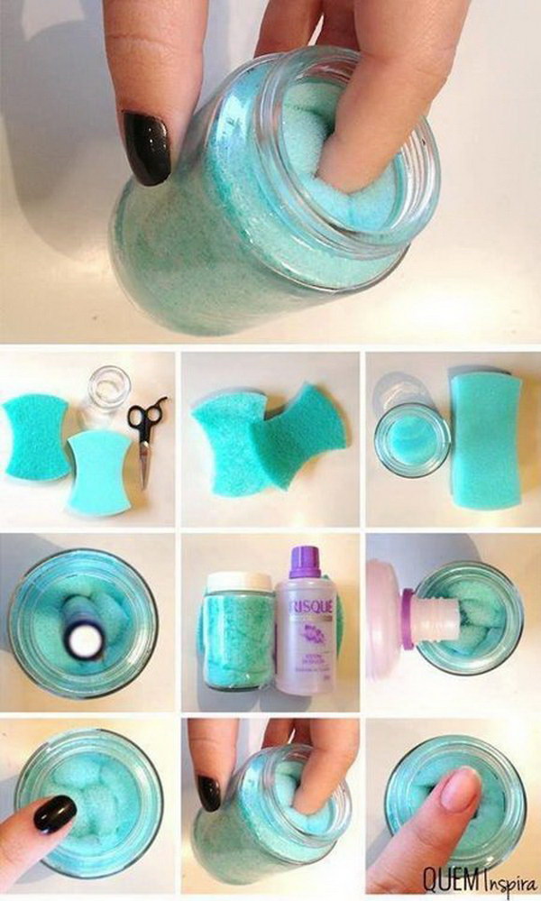 DIY Nail Polish Remover Jar. Stuff a sponge into a jar and soak it in acetone to make an easy DIY nail polish remover. 