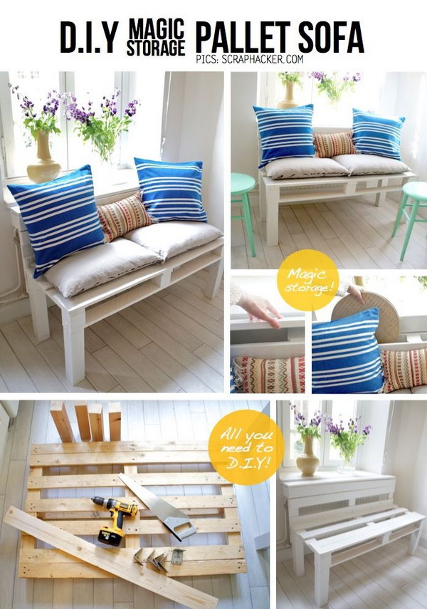 DIY Pallet Sofa with Storage.  See the tutorial 
