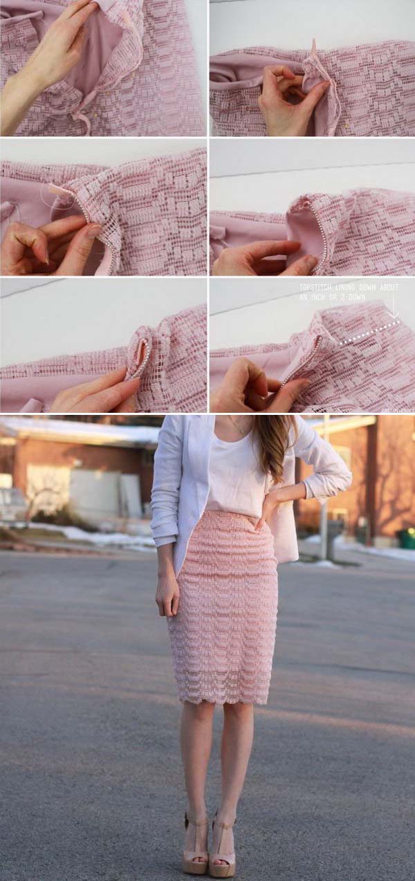 DIY Lace Skirt With Sheer and Metal Zipper Upcycled from Curtains. 