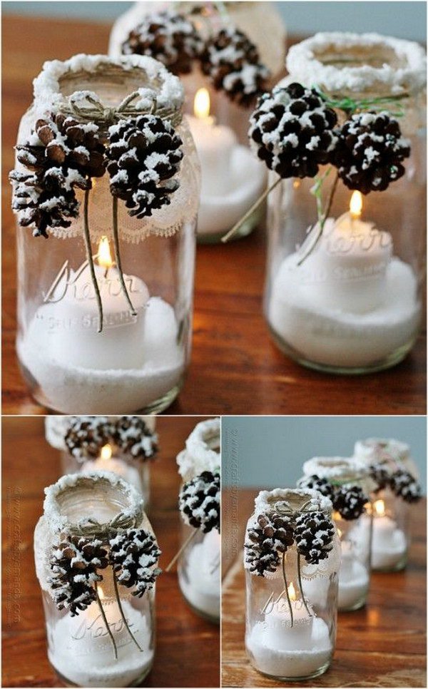 DIY Snowy Pinecone Candle Jar Luminaries. 
