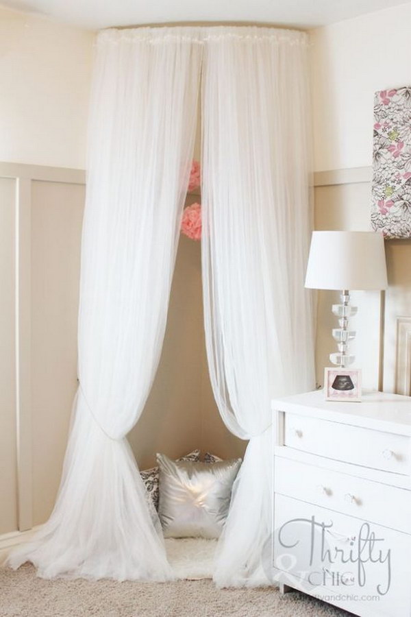 Cute Reading Nook Made out of Curved Curtain Rod and $4 Ikea Curtains 