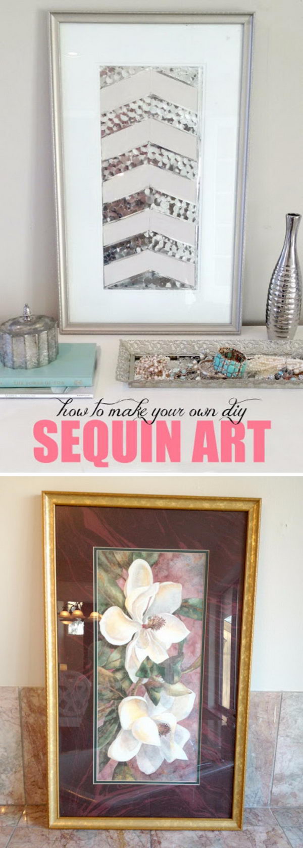 DIY Sequin Art from a Thrift Store Picture. 