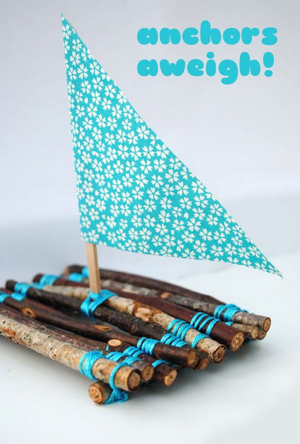 Cute Twig Boats. Kids made boat from twigs and yarn- fun to make and then to play with!  