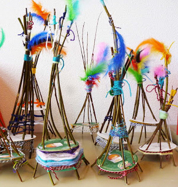 Mini Woven Teepees made by children. This is a fun native American arts and crafts activity for children.