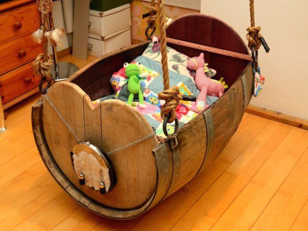 Baby Cradle Made from Old Wine Barrel. 