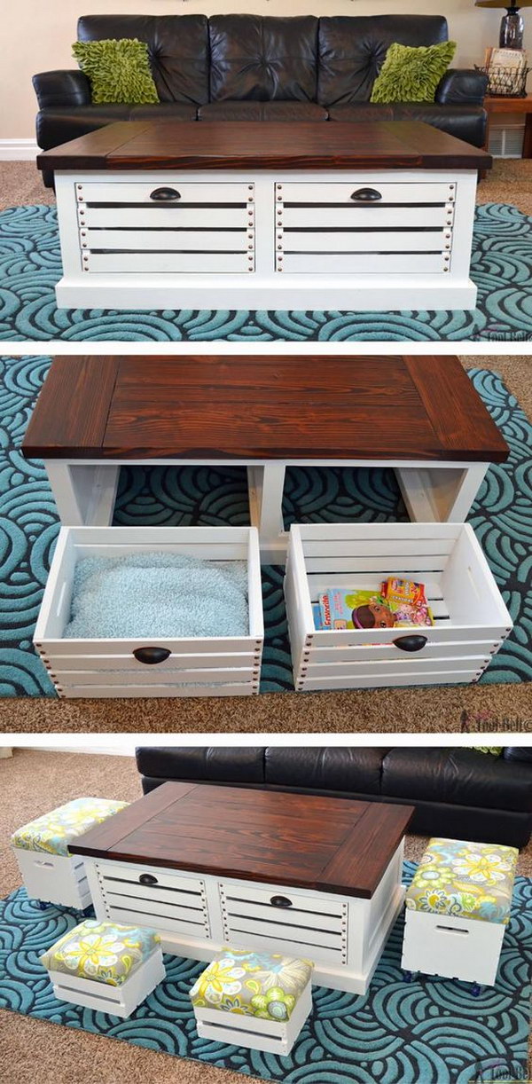 DIY Crate Storage Coffee Table and Stools 