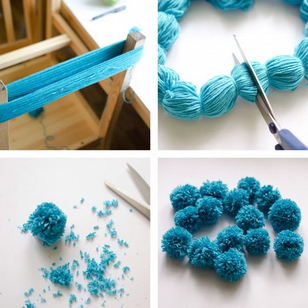 The Easiest Ever Yarn Pom-poms DIY Tutorial. Fluffy pom-poms are so cute, and we can make them into almost everything such as blankets, scarves, chandelier, toy animals and more. Here is the easiest way I found for you to make your own pom-poms at home. Tutorial via  