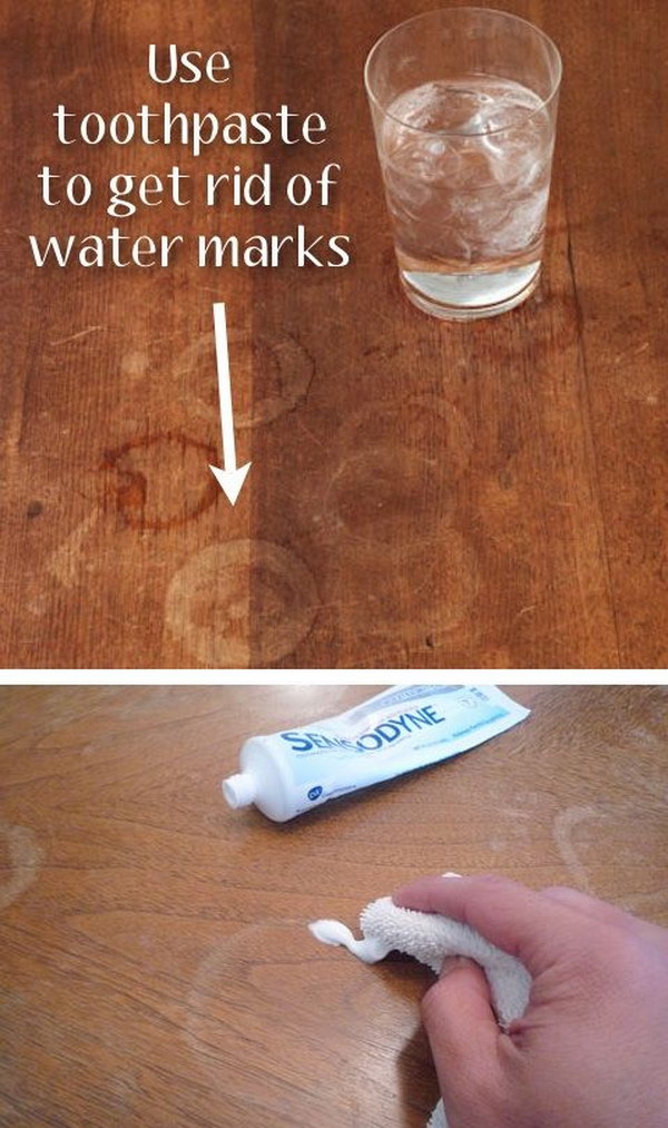 Use toothpaste to remove water stain circles from wood furniture. 