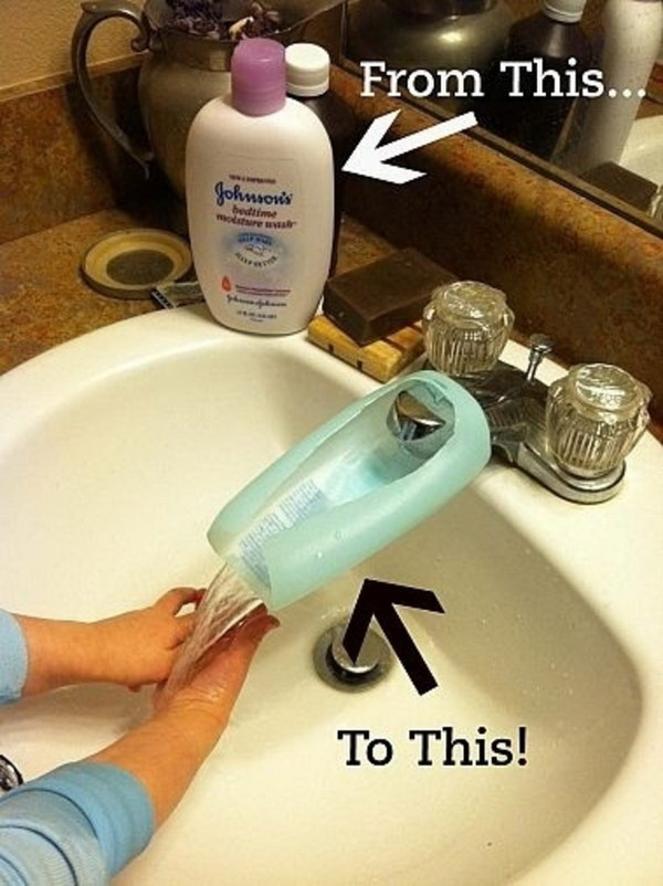Recycle a plastic bottle to make a faucet extender for smaller hands. 