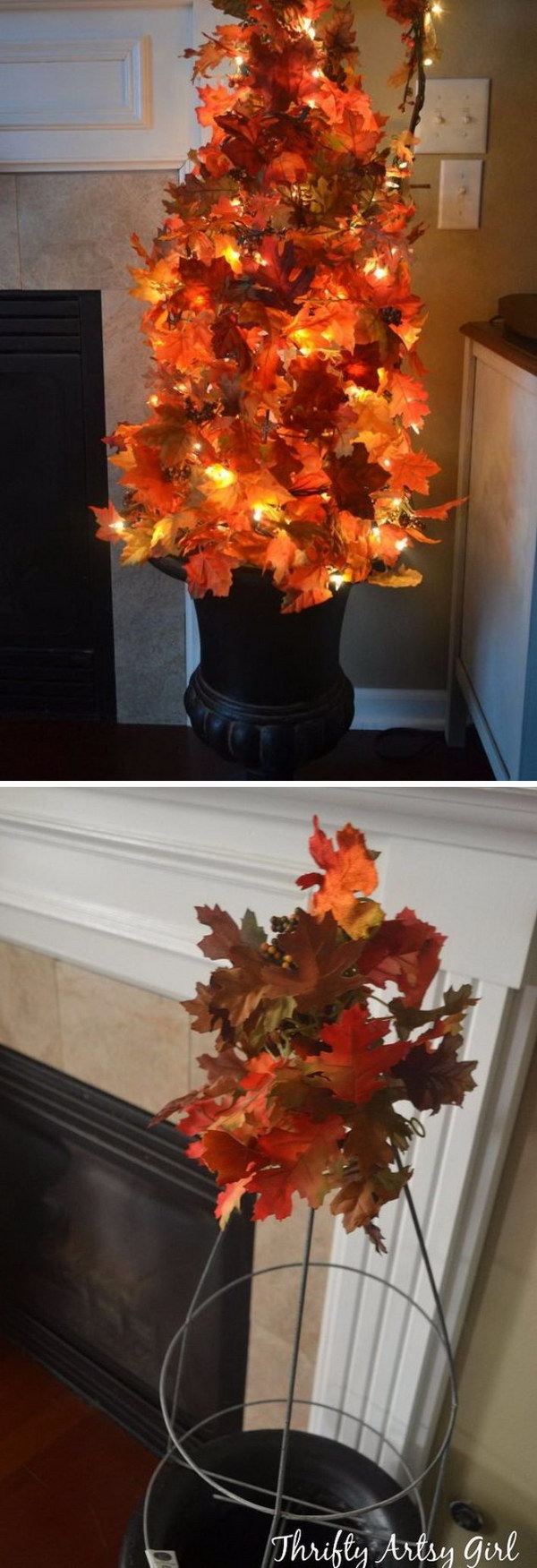 Easy DIY Fall Leaves Potted Topiary Tree From a Tomato Cage. 