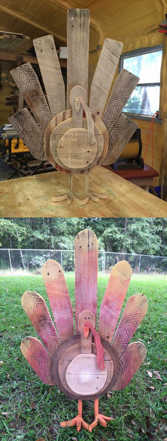DIY Thanksgiving Turkey Decor Made Out Of Reclaimed Wood Pallets. 