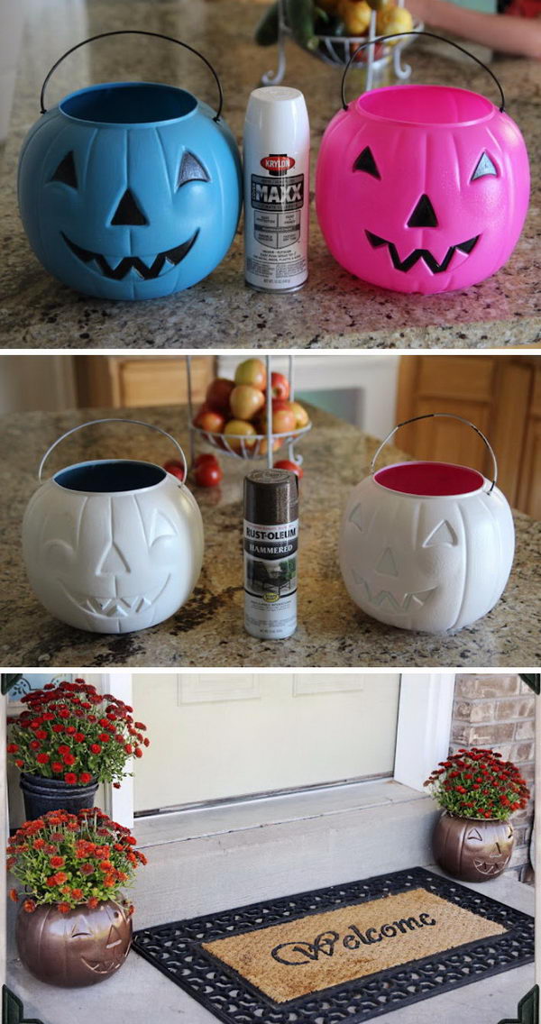Flower Pots Recycled From Pumpkin Candy Holder. 