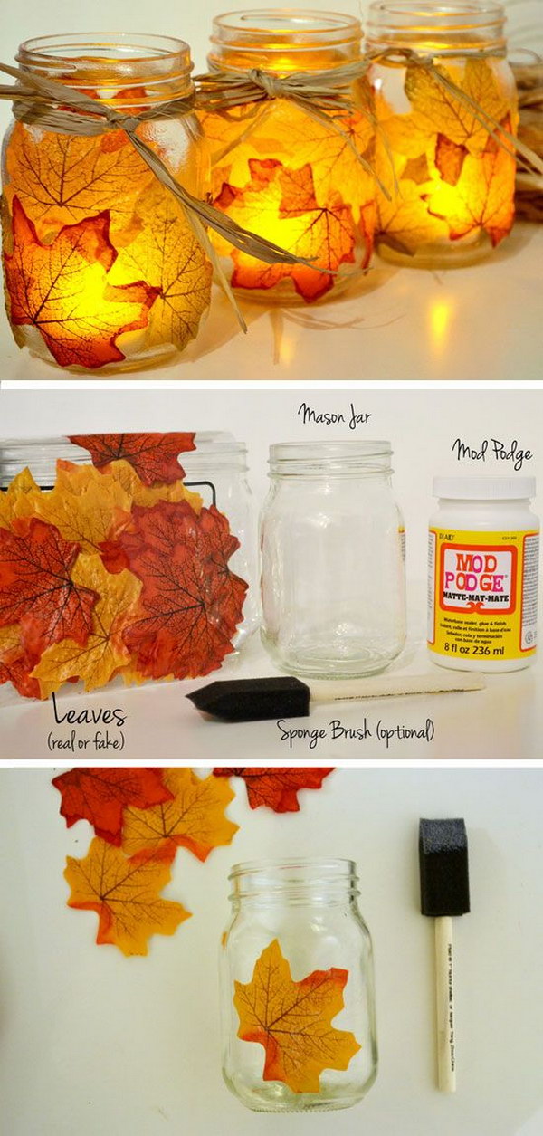 DIY Leaf Mason Jar Candle Holder. 