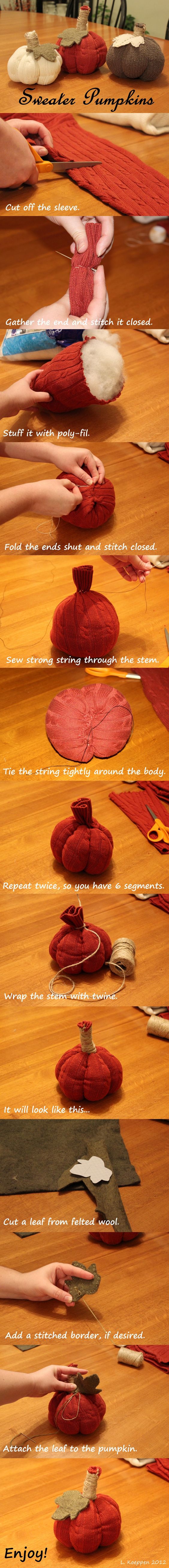 Easy No Sew Pumpkins from Old Sweaters. 