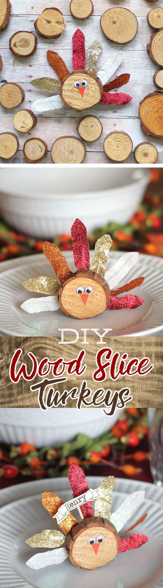 Wood Slice Turkey Craft with Washi Tape Feathers. 
