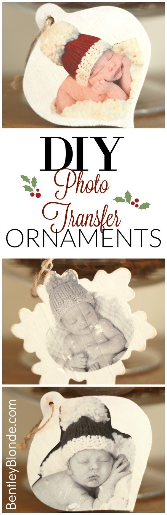 DIY Photo Transfer to Wood Christmas Ornaments. 