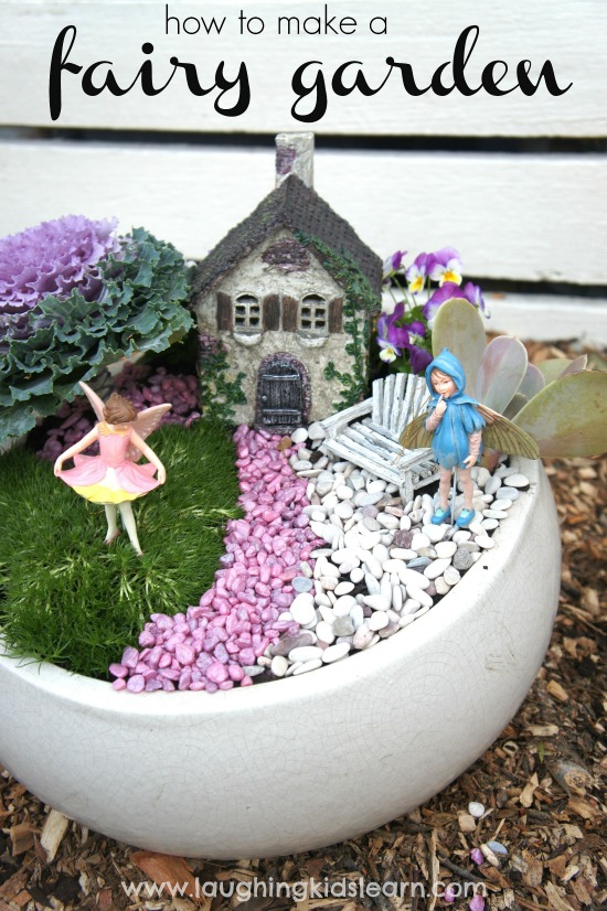 Colored Pebble Fairy Garden in a White Ceramic Pot. 