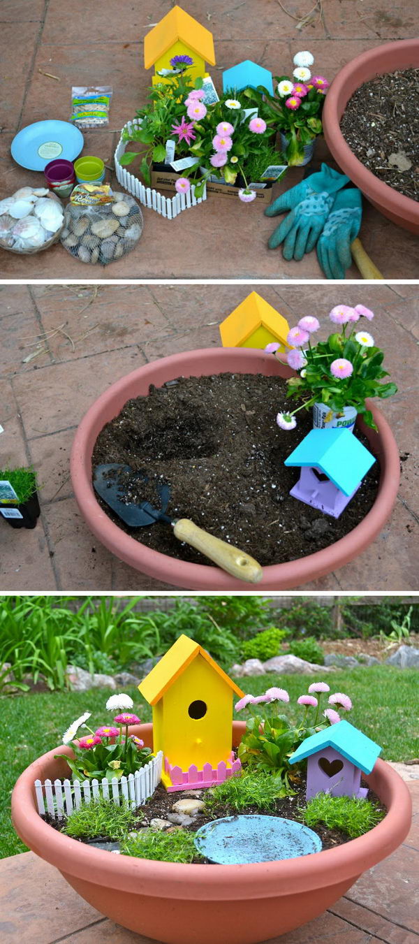 DIY Fairy Garden Installed in a Larger and Shallower Clay Pot. 